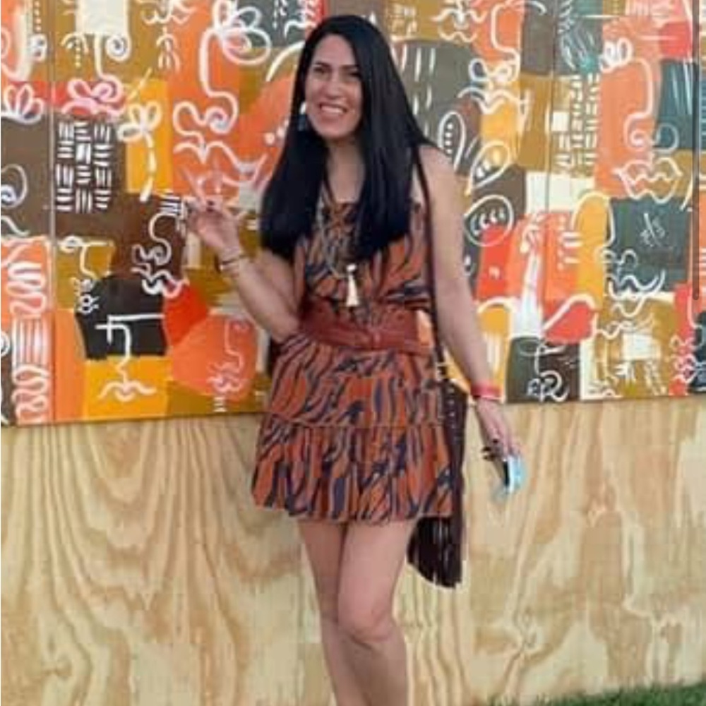 Anthropologie Vibrant Orange and Black Patterned Dress